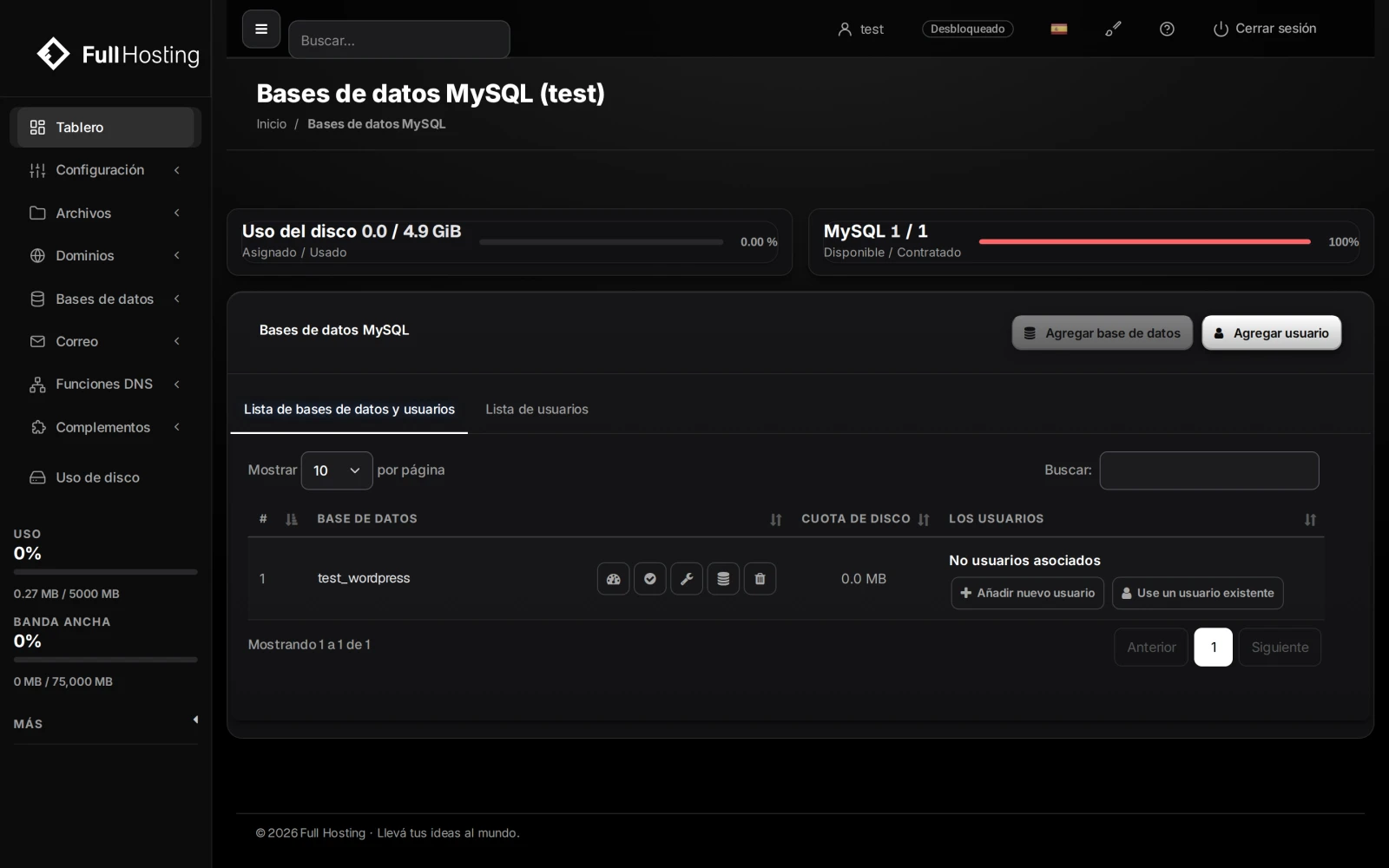 Bases de datos en el panel de control