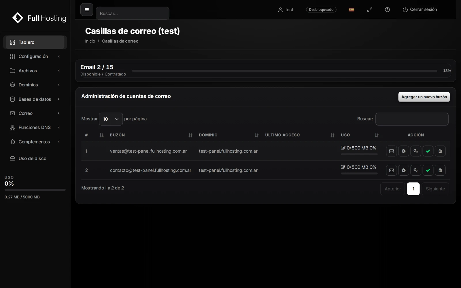 Cuentas de correo en el panel de control